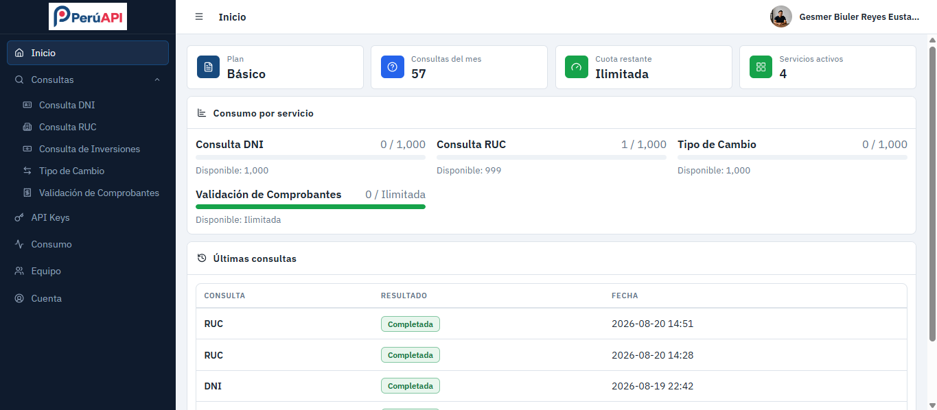 Panel de cliente de PerúAPI